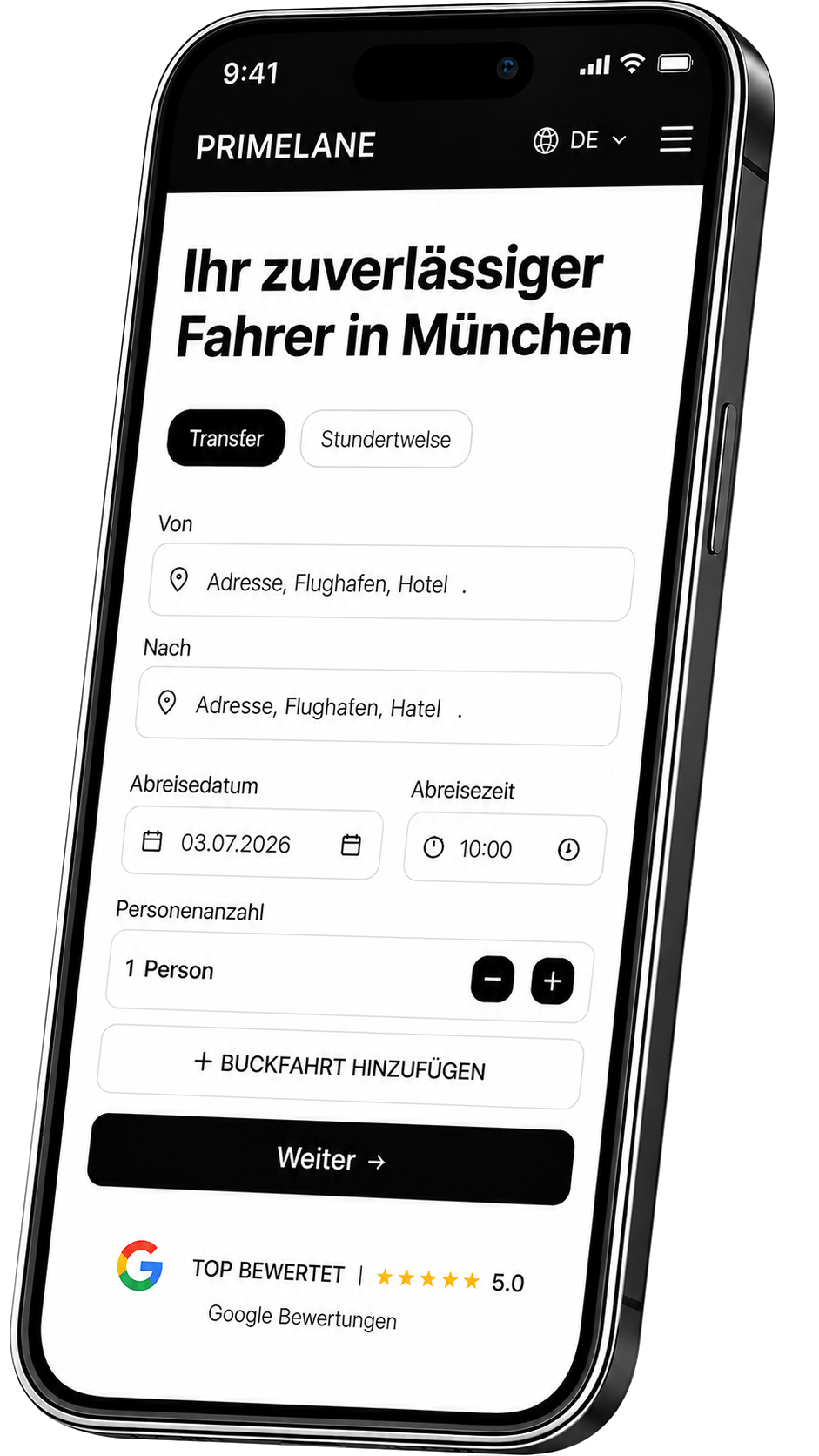PRIMELANE booking on smartphone